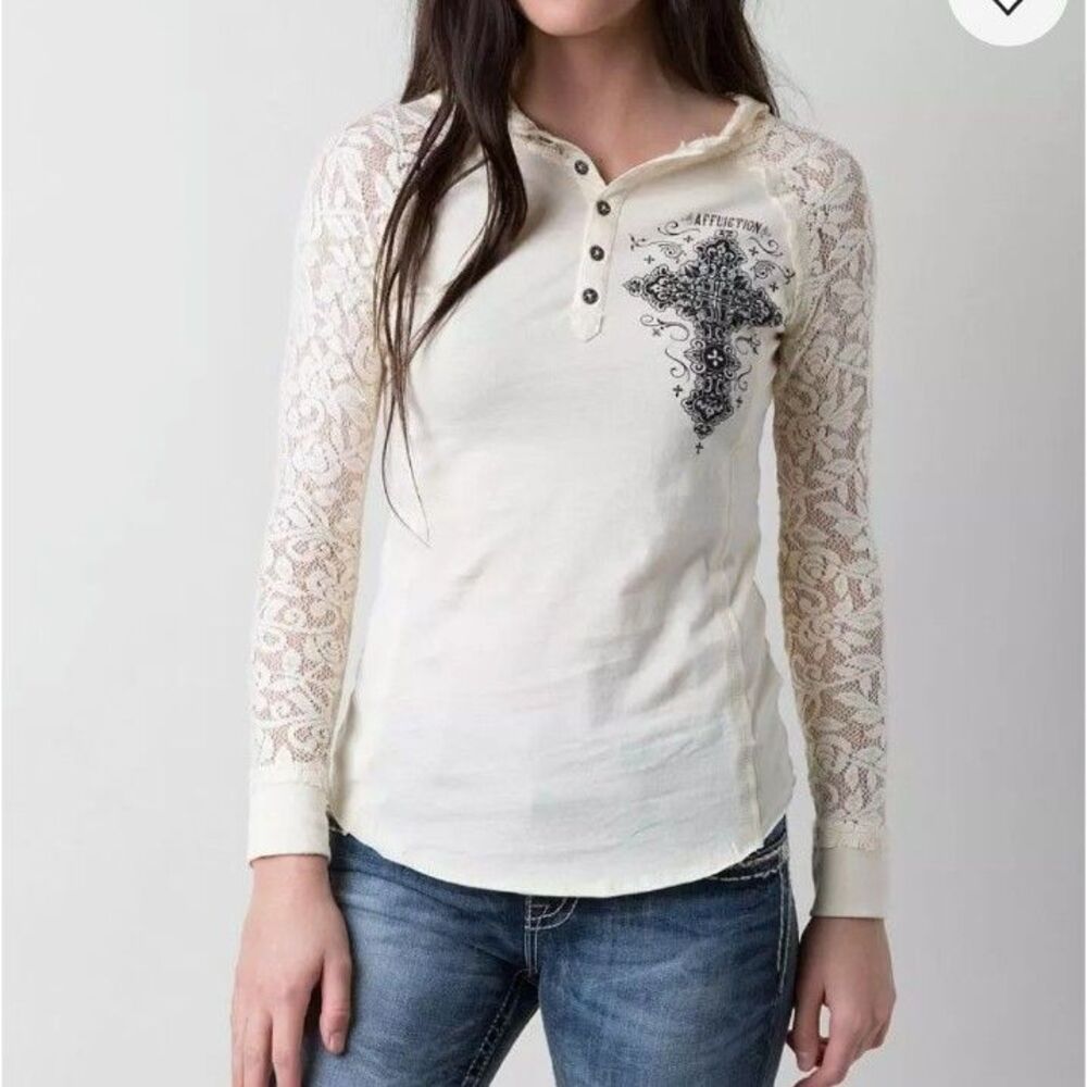 Y2K Affliction Paradigm Henley Hoodie Lace Sleeves &  Hood Size M